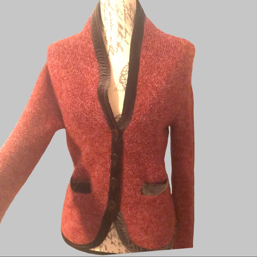 Anthropologie HWR Pink Boucle W/ Brown Velvet Trim Cardigan Jacket Size S